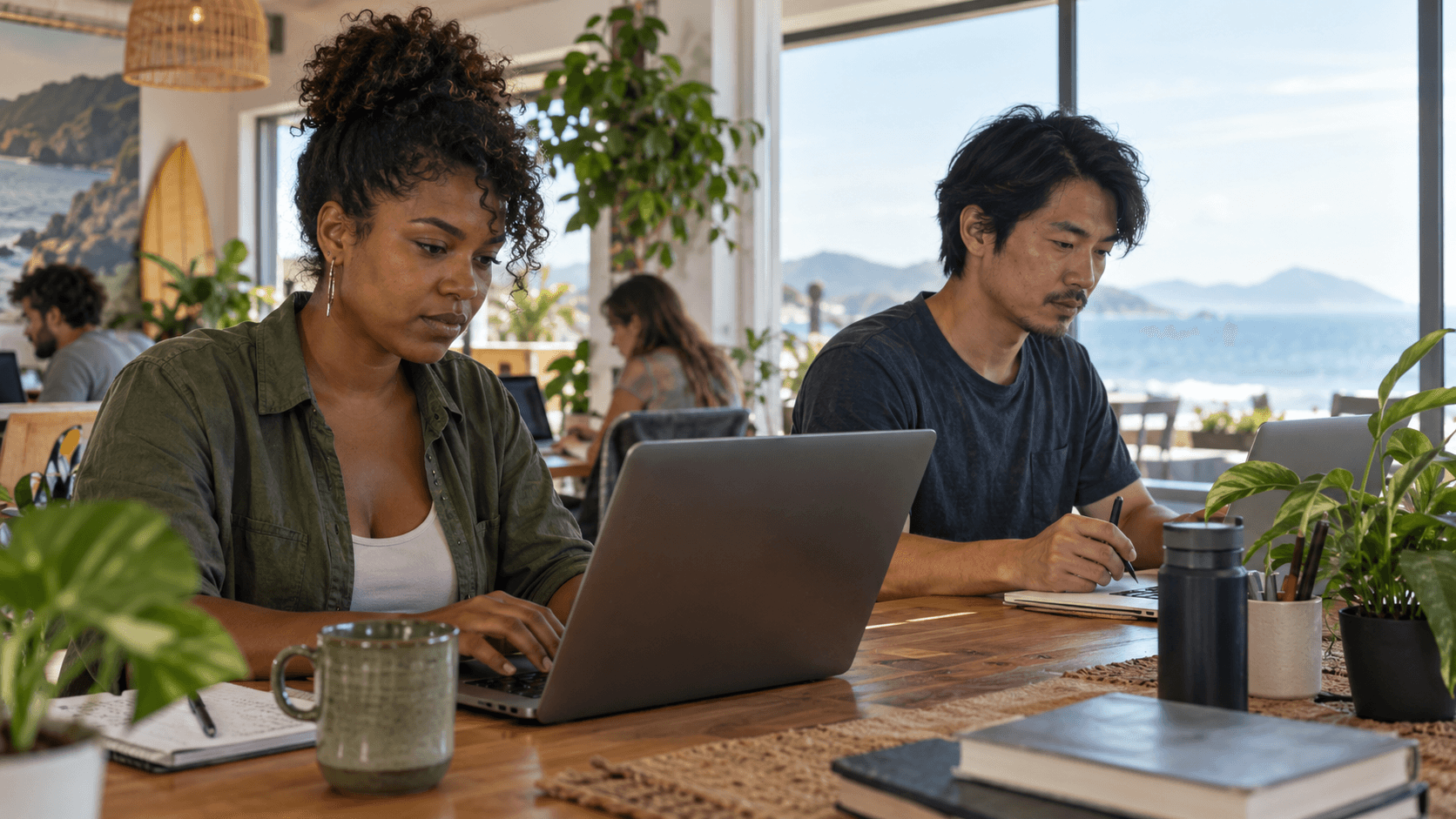 Digital nomads working in a beachside café overlooking a Brazilian coastal landscape with mountains.