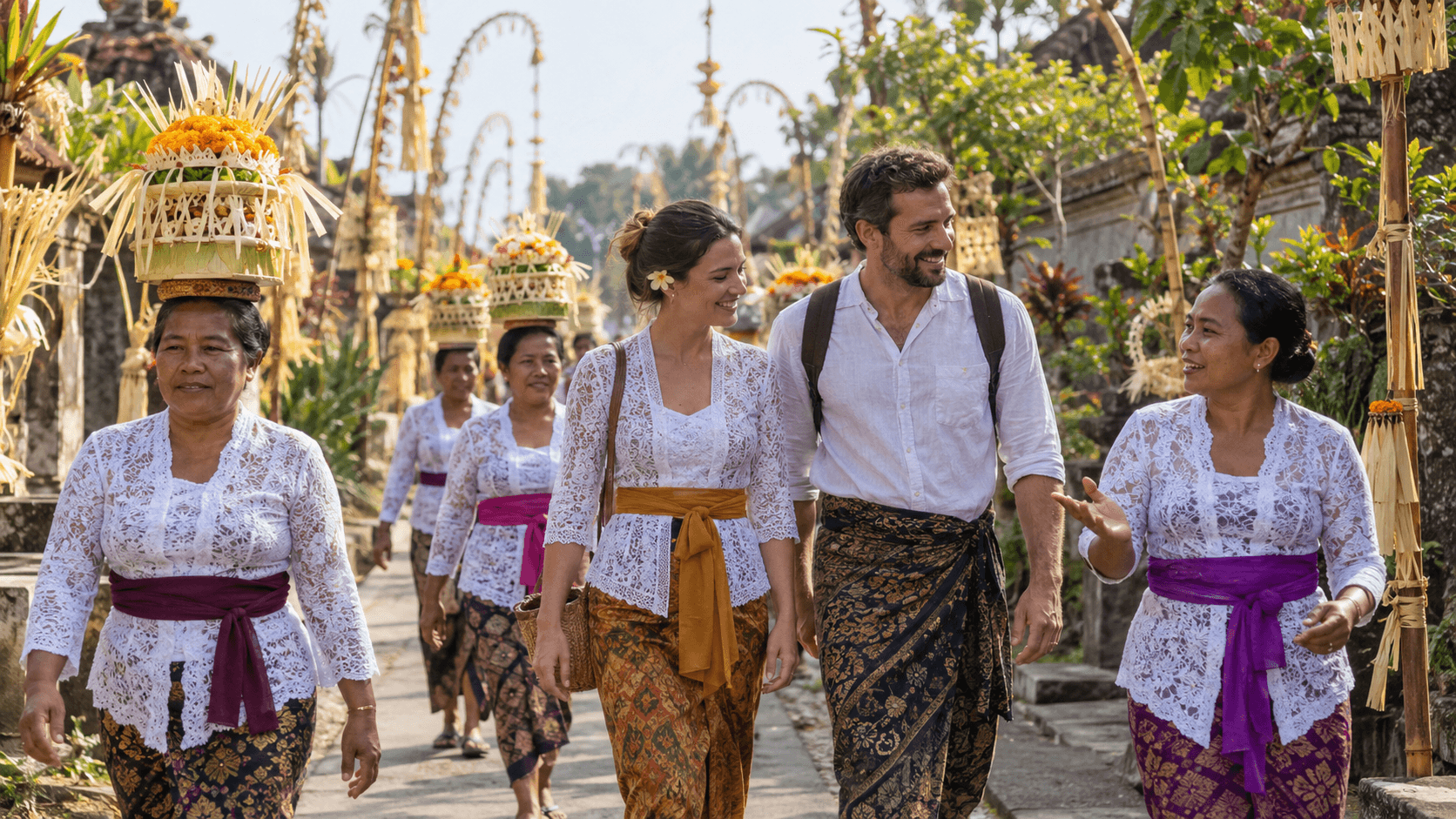Visitatori vestiti con sarong e cinture balinesi tradizionali che camminano in un cortile di tempio decorato con ornamenti dorati.