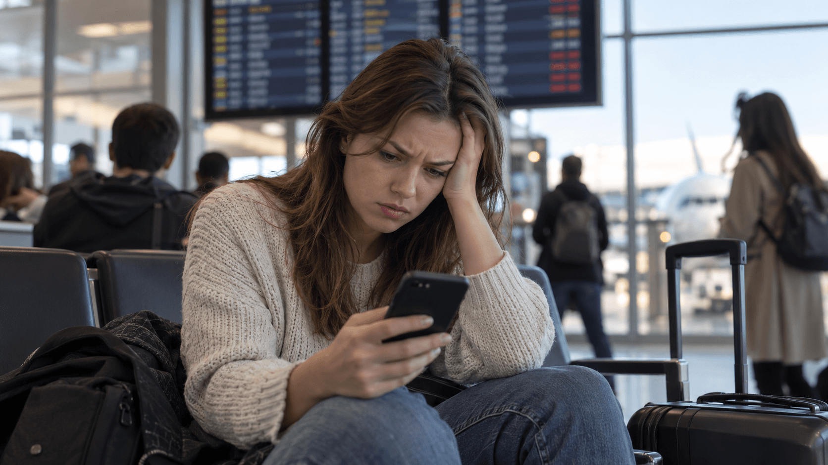 Voyageuse préoccupée dans un terminal aéroportuaire consultant son téléphone avec un tableau des départs visible derrière elle.