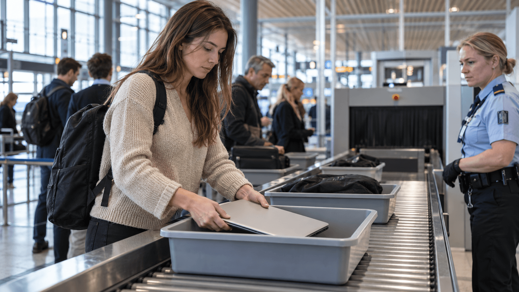 Traveler handing documents to an airport security checkpoint agent with a customs officer.