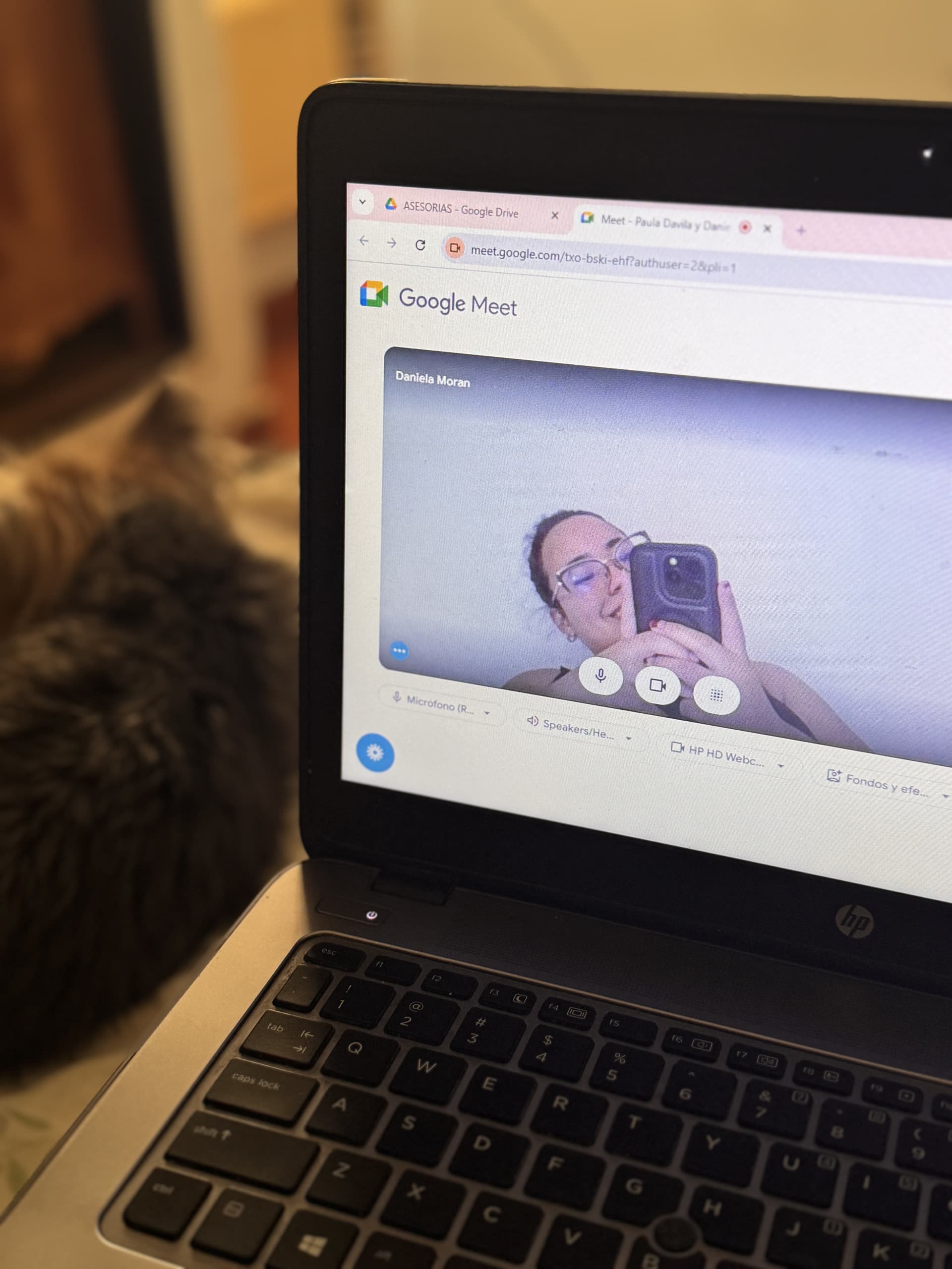Google Meet video call with Daniela Morán on screen, a blurry cat in the foreground.