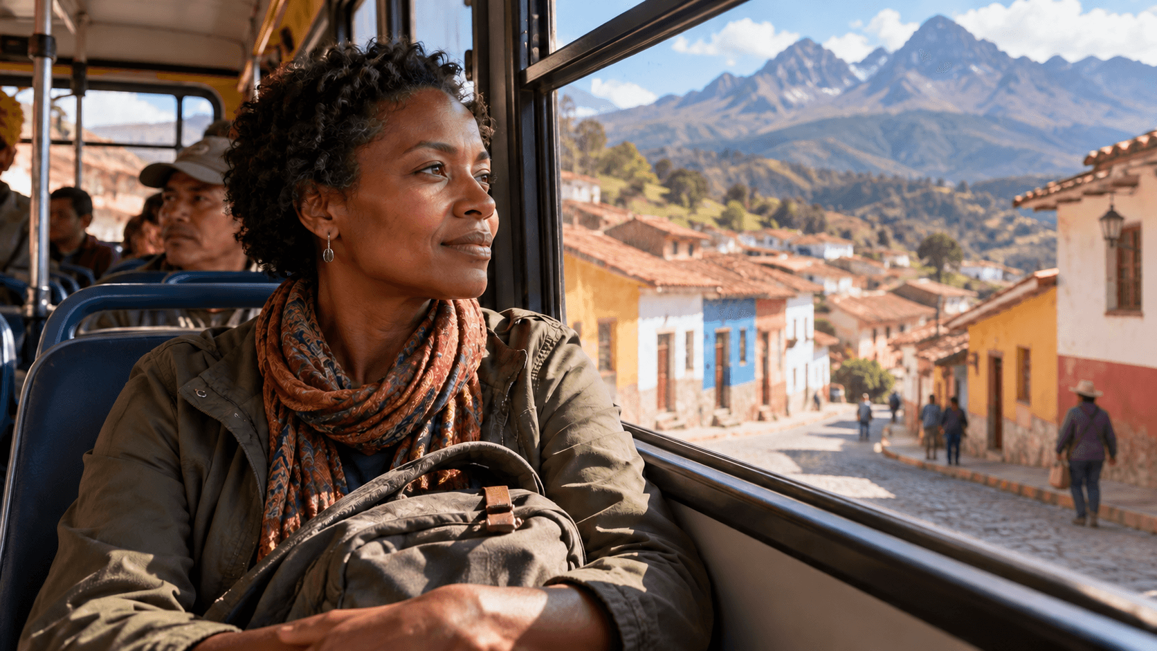 Woman on a bus looking at the colorful colonial architecture and painted facades of a Mexican mountain town.