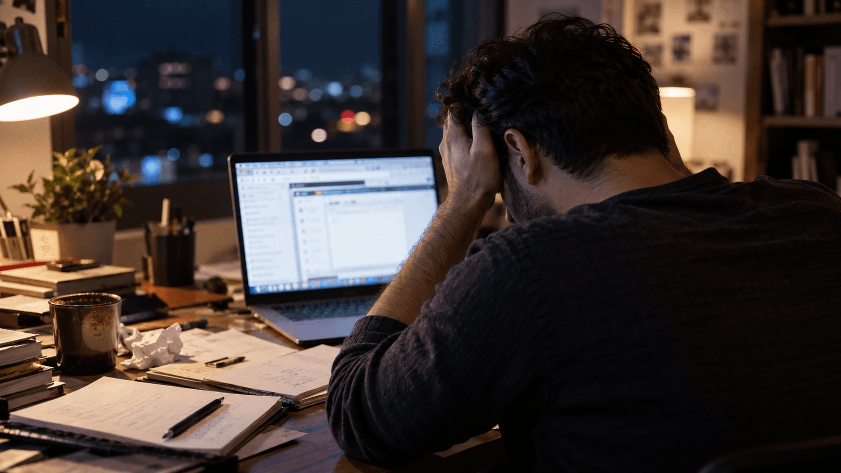 Worried man in front of a laptop screen, hand to his face, suggesting concern about an online scam.