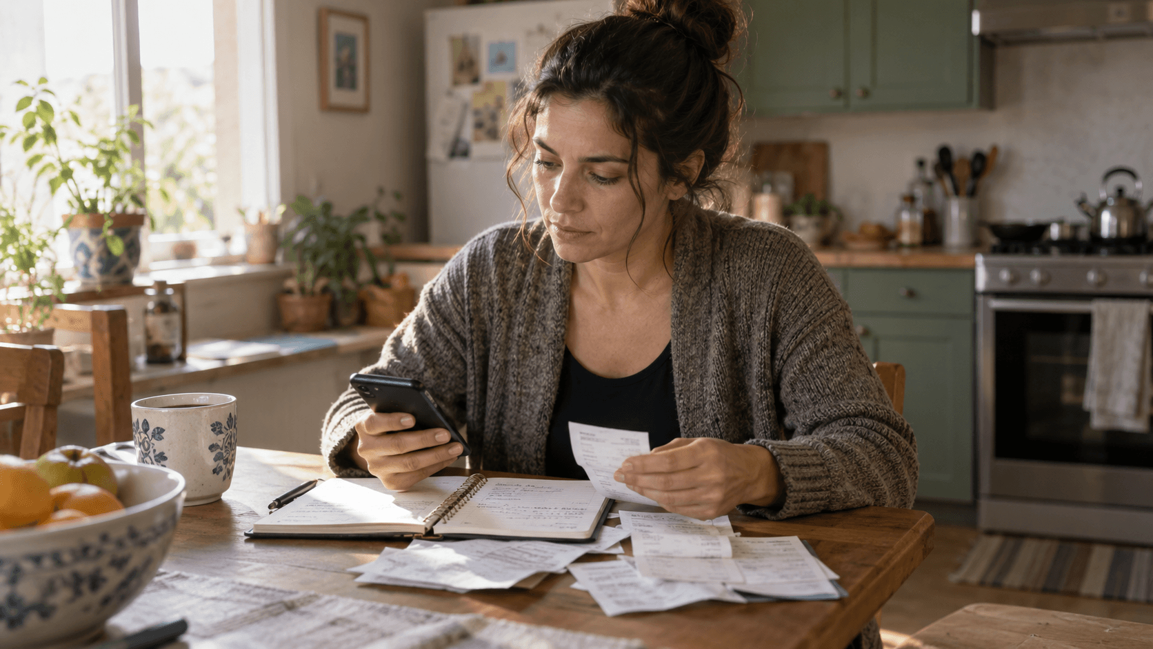 Woman looking at her smartphone while reviewing administrative documents at her kitchen table.