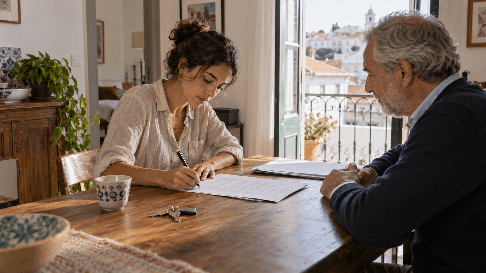 A woman signs a rental contract at a table in the presence of an older man.