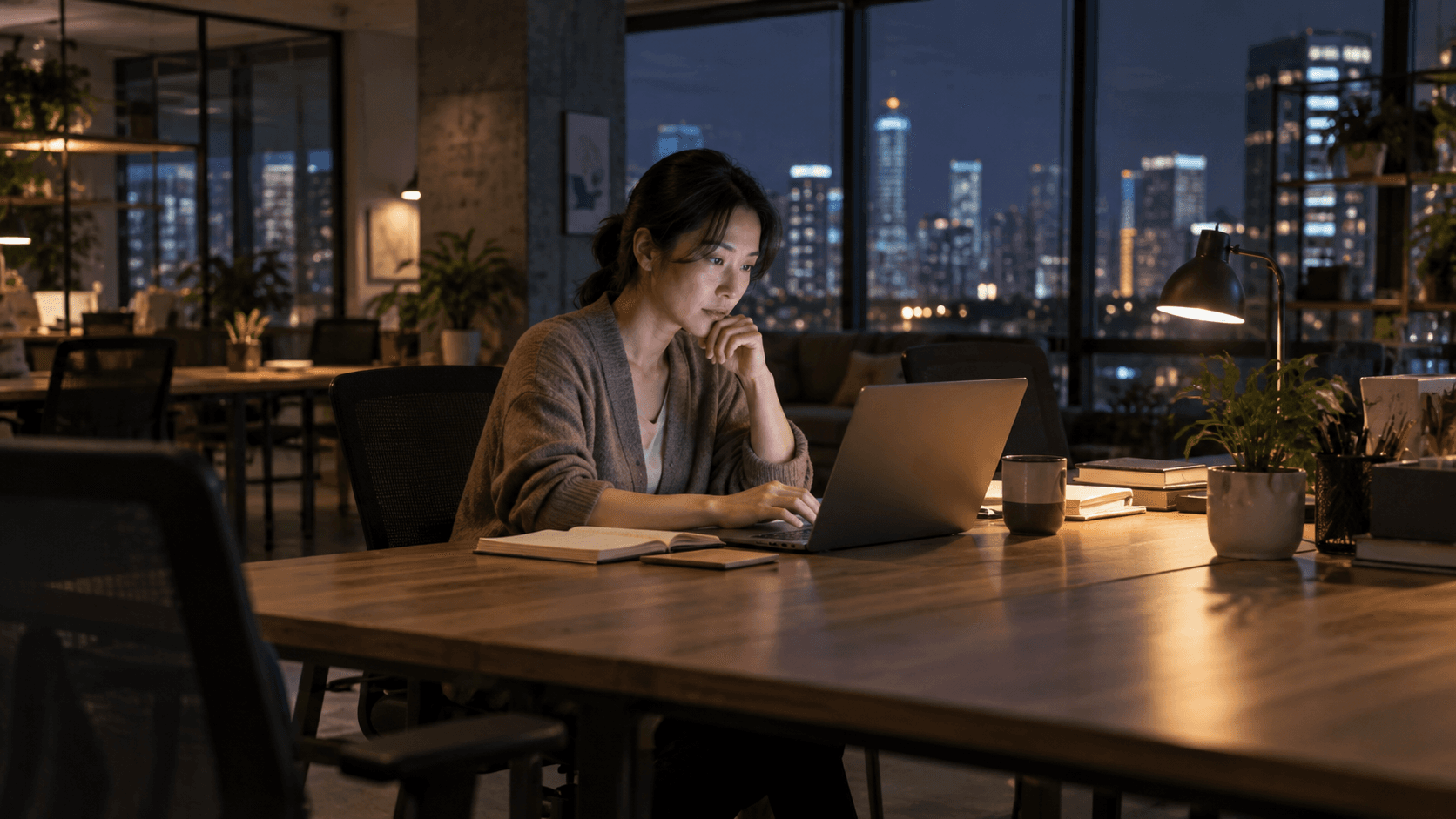 Digital nomad working on a laptop in a modern, bright coworking space with a view of the city