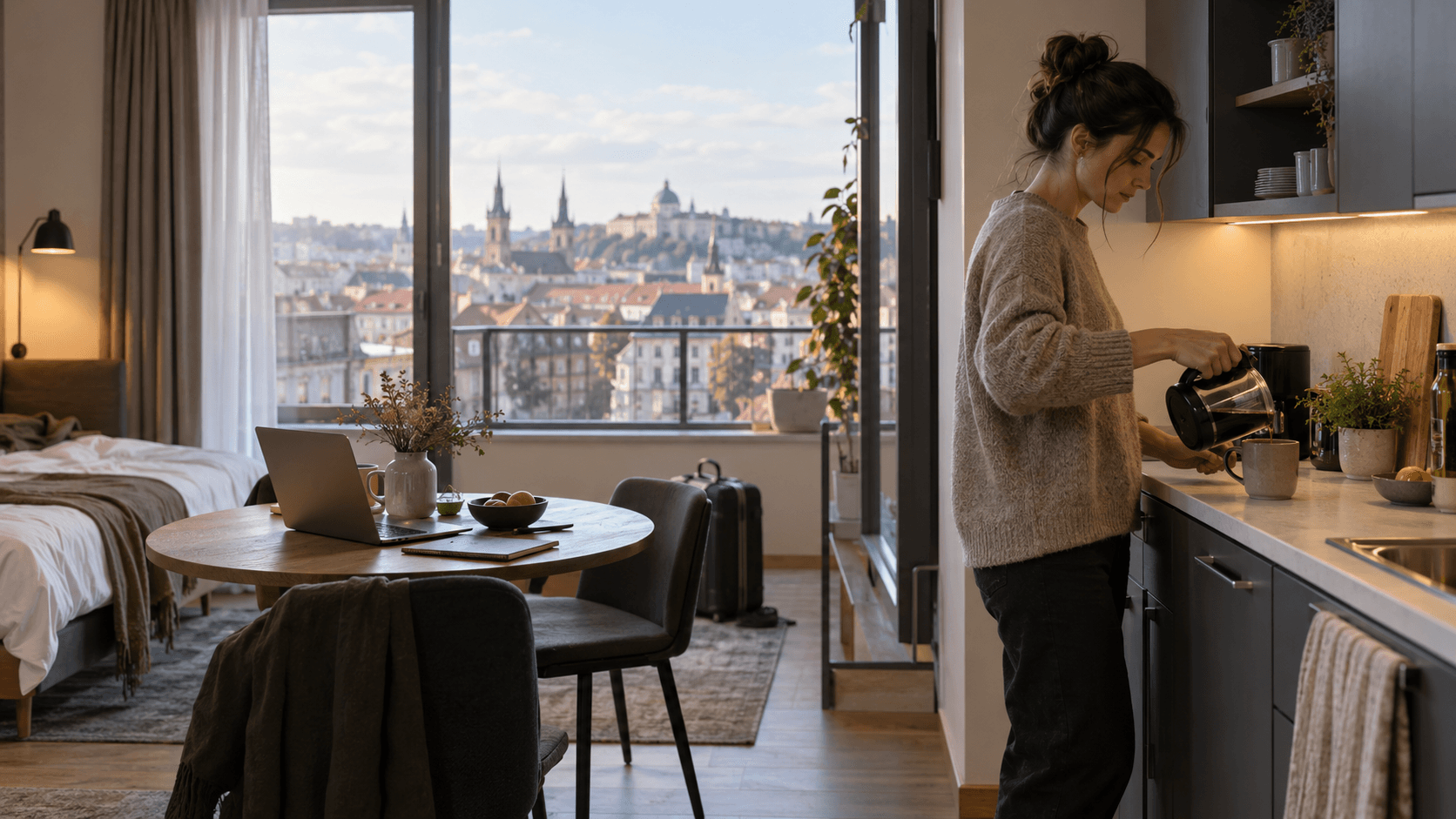 A woman pouring coffee in a modern apartment with a view of a European city's rooftops.