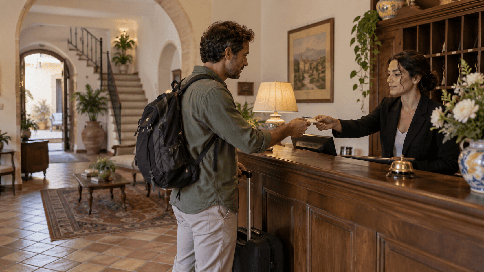 A traveler checking in at a hotel reception desk.