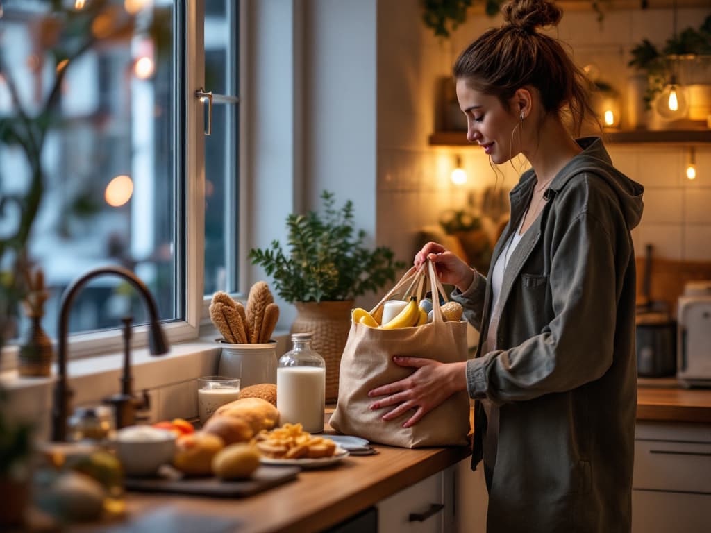 Digital nomad placing reusable grocery bag with staples on European Airbnb kitchen counter warm lighting