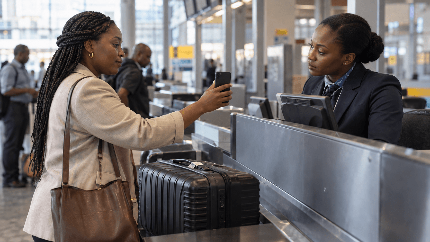Woman with a suitcase at an airport check-in counter showing documents to the agent