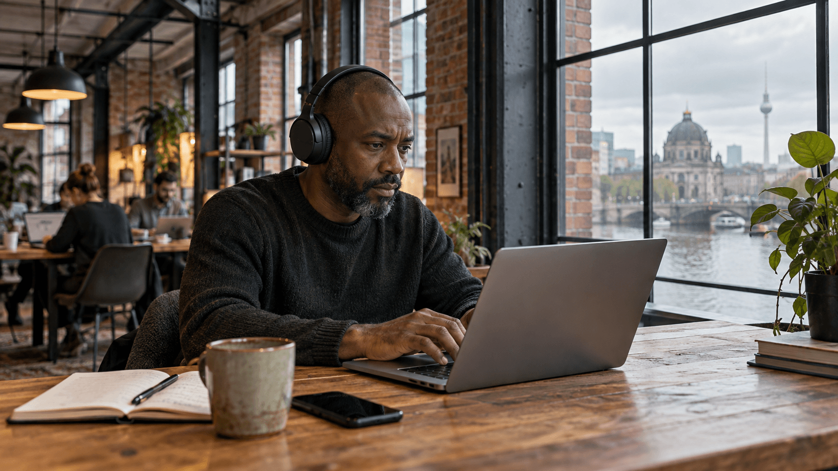 Travailleur à distance avec casque à l'ordinateur portable dans un café moderne et lumineux avec vue sur la ville