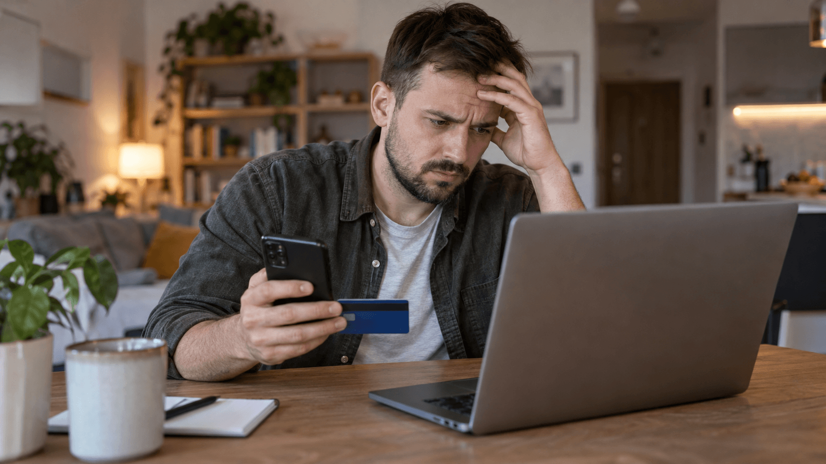 Man making an online payment with a bank card and phone in front of a laptop, looking concerned.