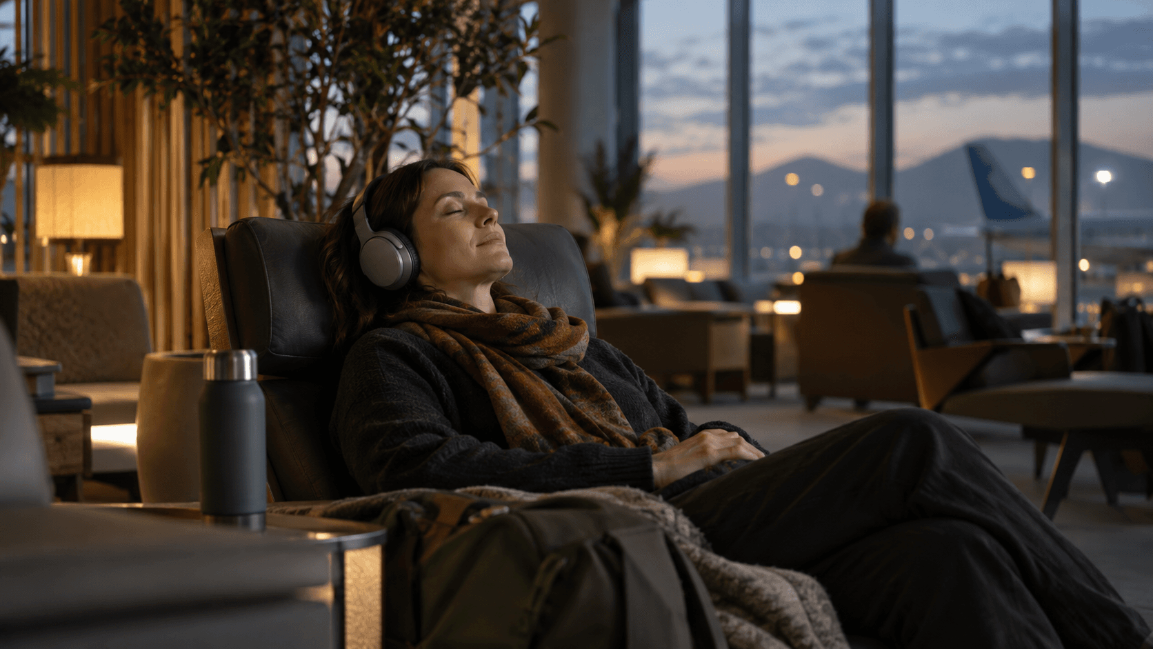A woman relaxing in an airport lounge with an airplane visible through the window at dusk.