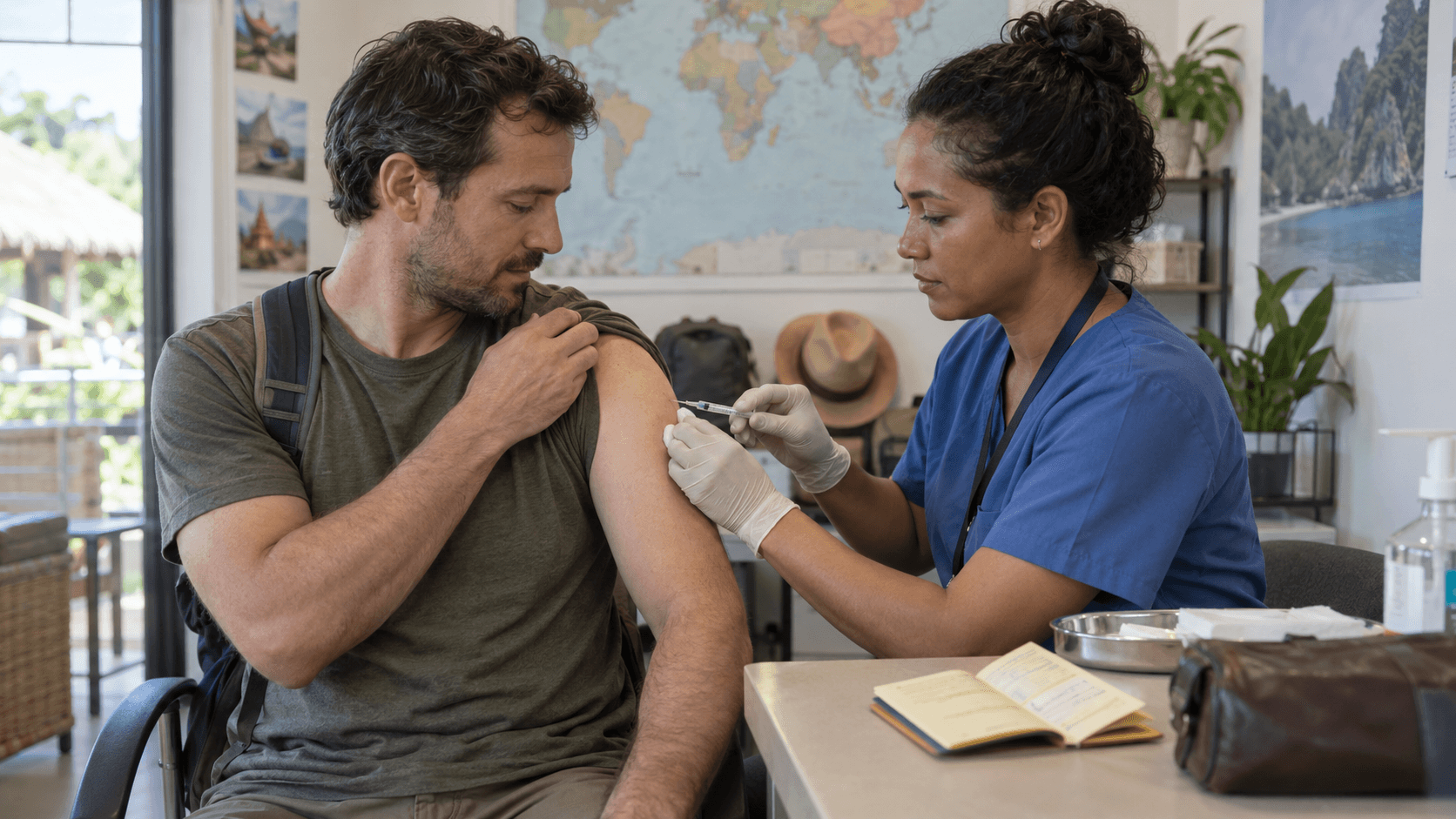 Uma enfermeira administrando uma vacina a um viajante em um consultório médico com um mapa-múndi ao fundo.
