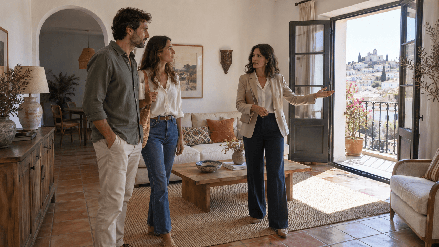 A real estate agent shows a furnished living room to a couple during a property inspection.