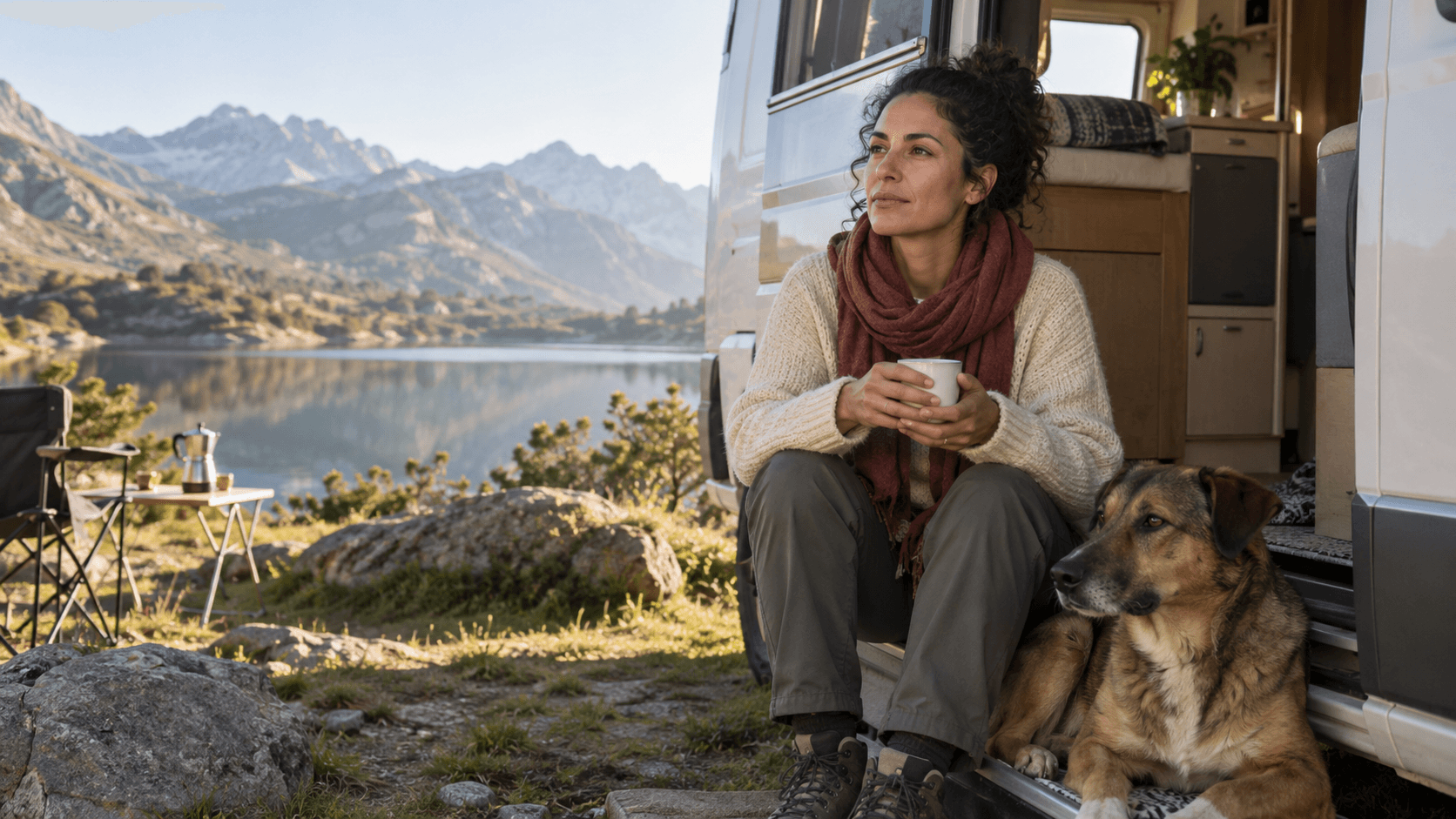 Woman and dog at the door of a camper van overlooking a mountain lake at sunset.