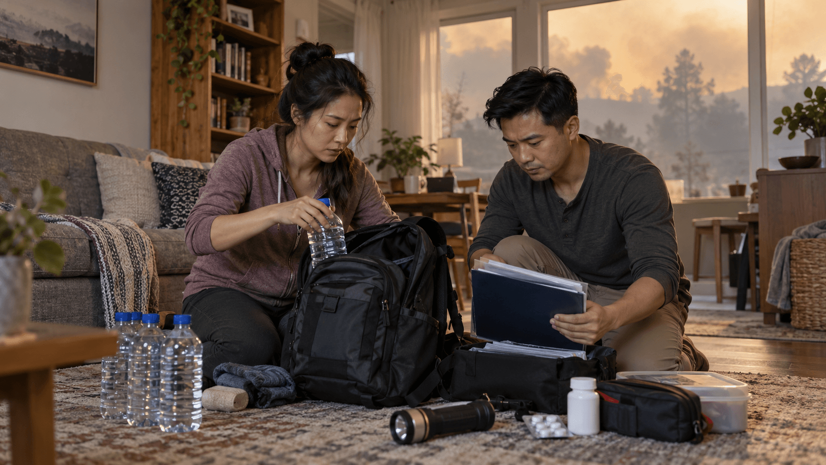 Couple preparing an evacuation kit with a backpack, water, flashlight, and documents as smoke fills the sky.