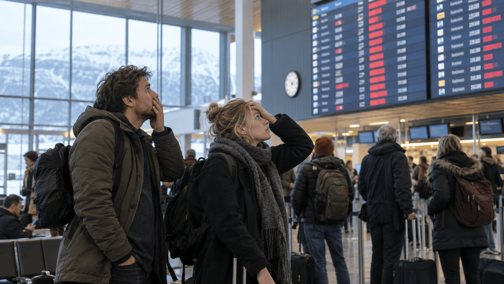 A worried couple looking at a flight information board in an airport.