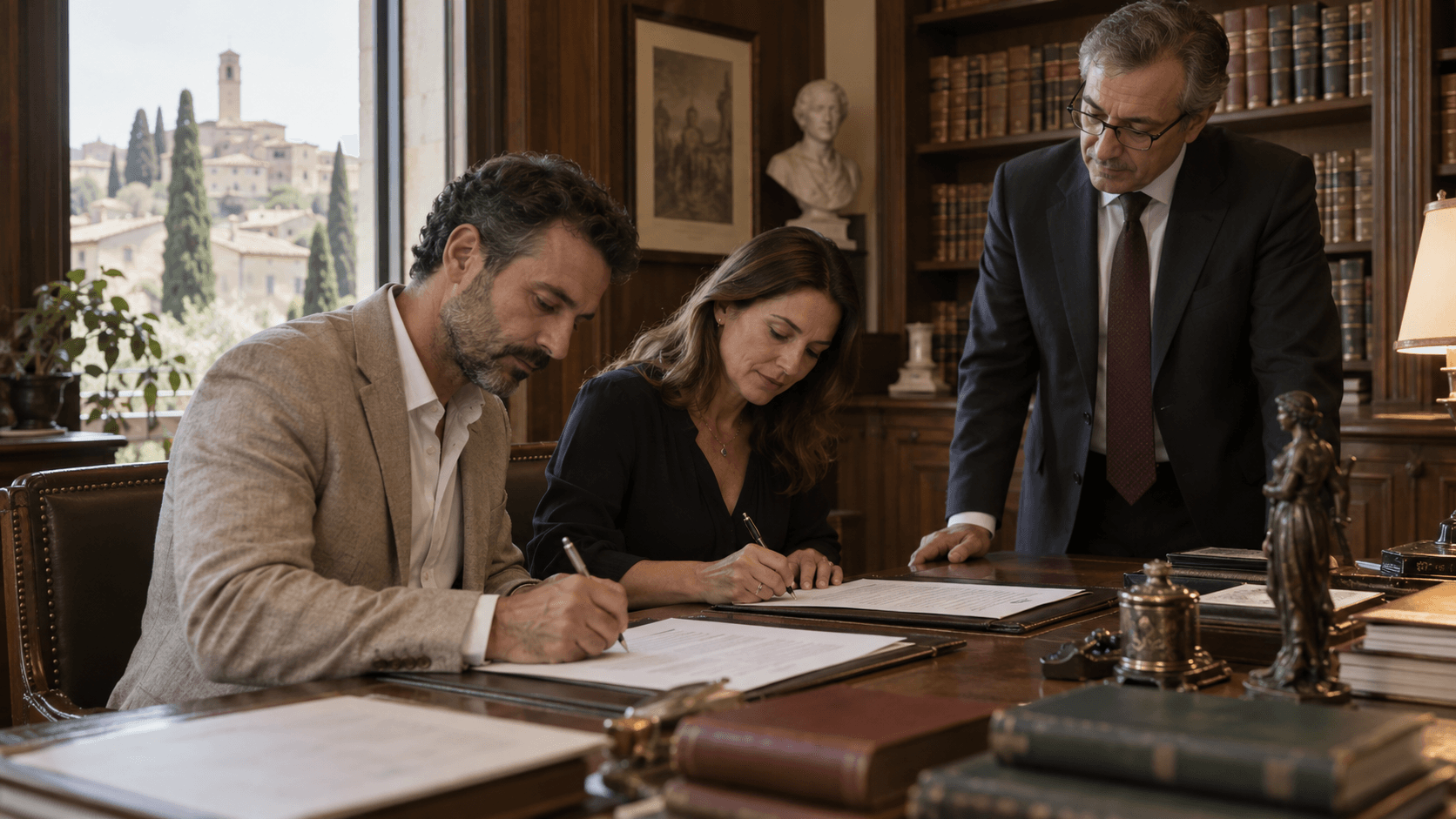 A couple signing official documents in a professional office.