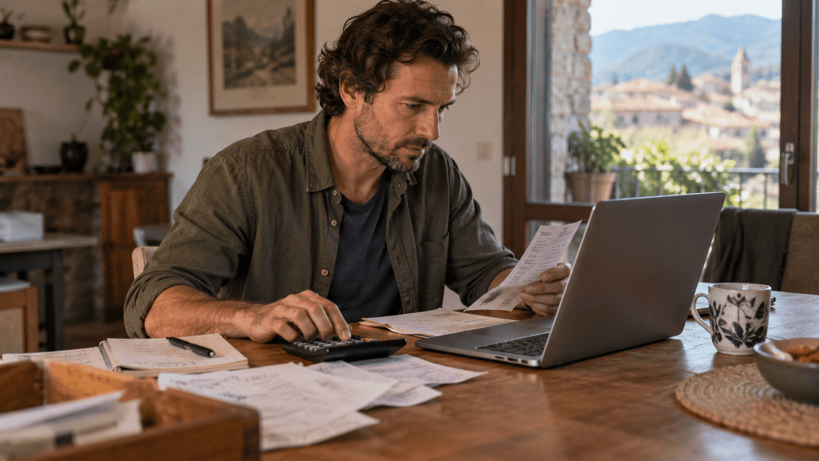 A man working on his taxes at a desk with a laptop, calculator, and documents.