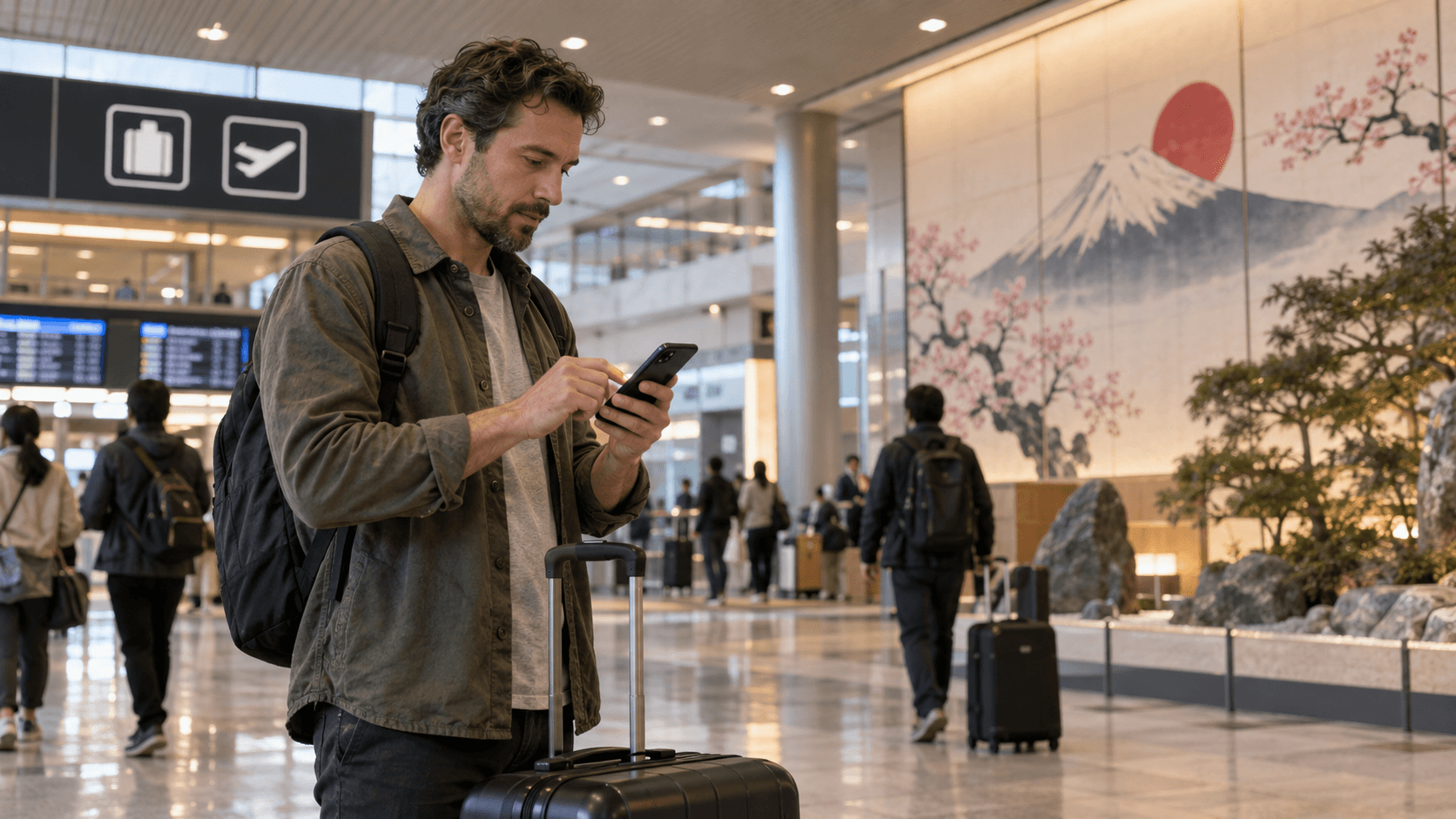 A traveler checking their smartphone in an airport terminal with their luggage.