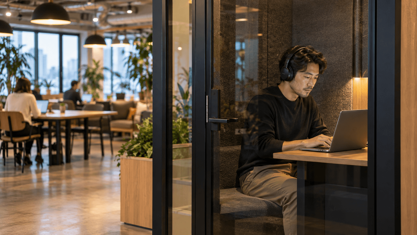 Man working on a laptop in a modern, bright coworking space with a private booth and plants
