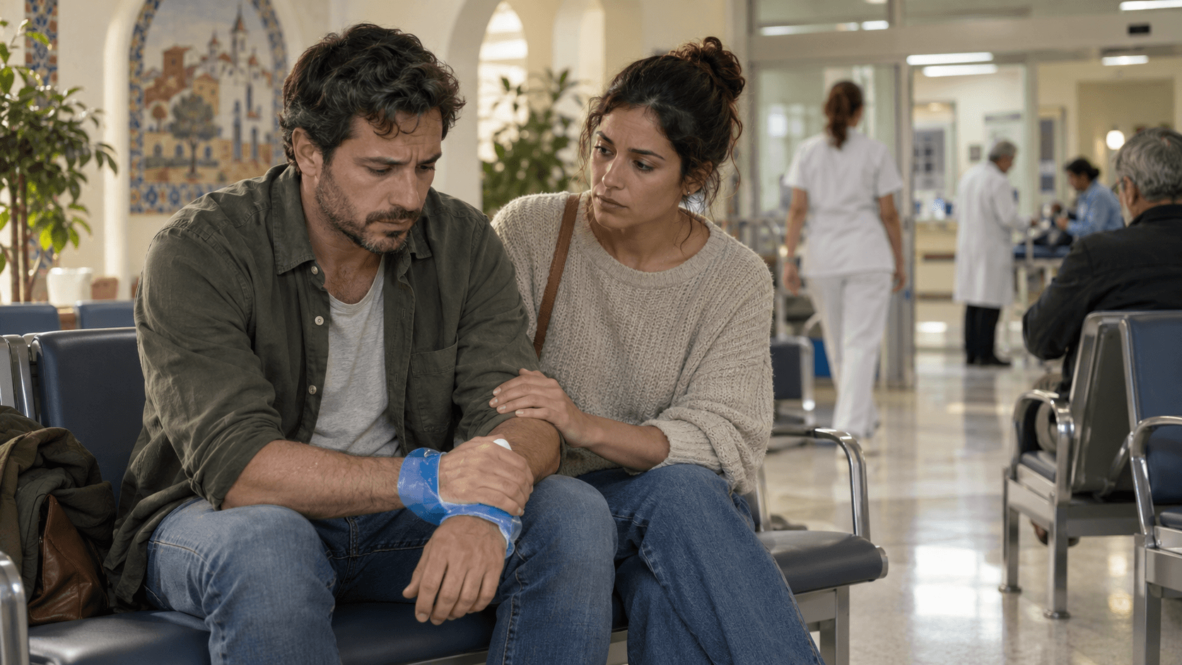 Um casal sentado em uma sala de espera de hospital, o homem segurando uma bolsa de gelo no braço.
