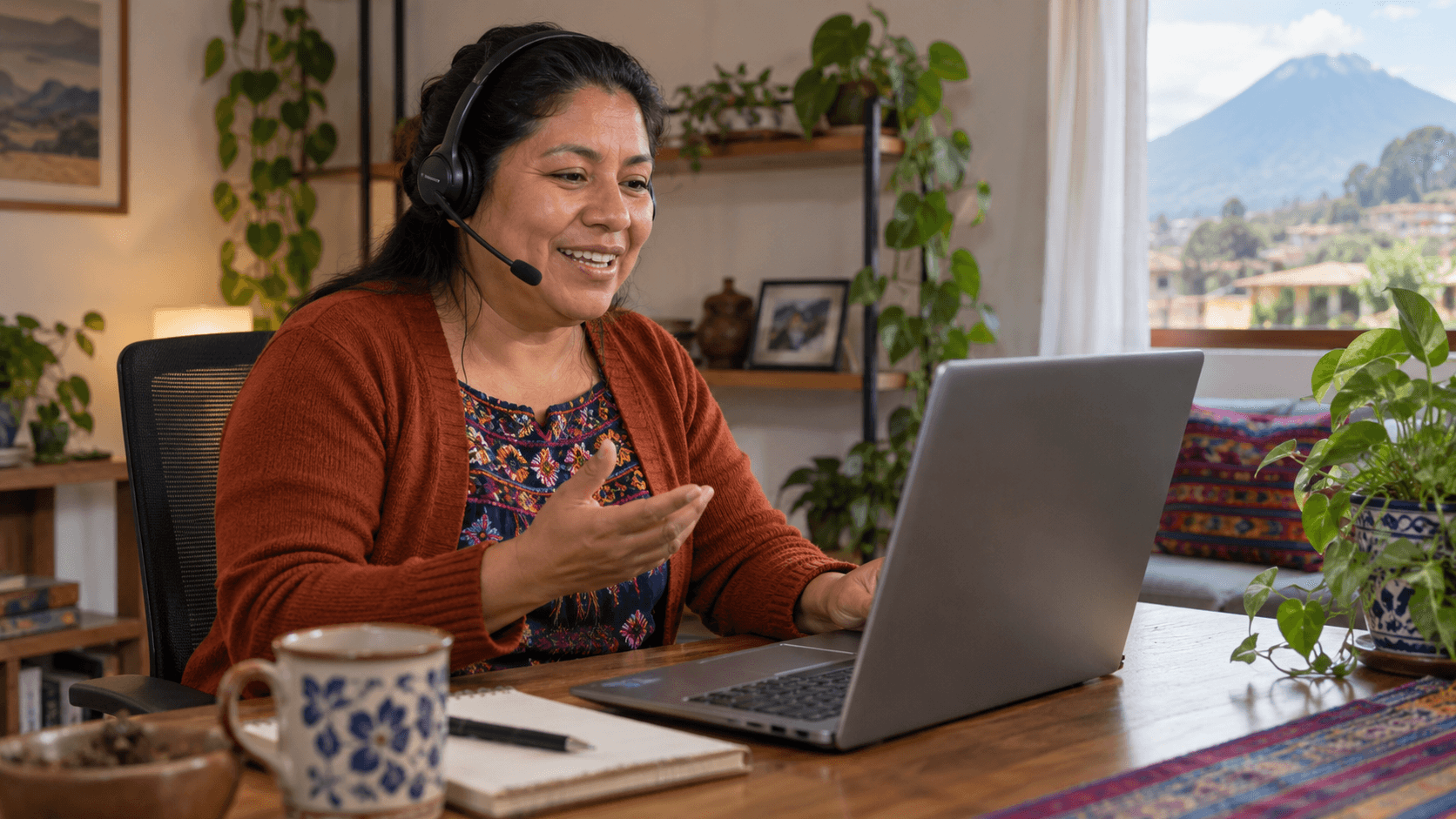 Woman wearing a headset working on a laptop in a home office with plants and a mountain view.