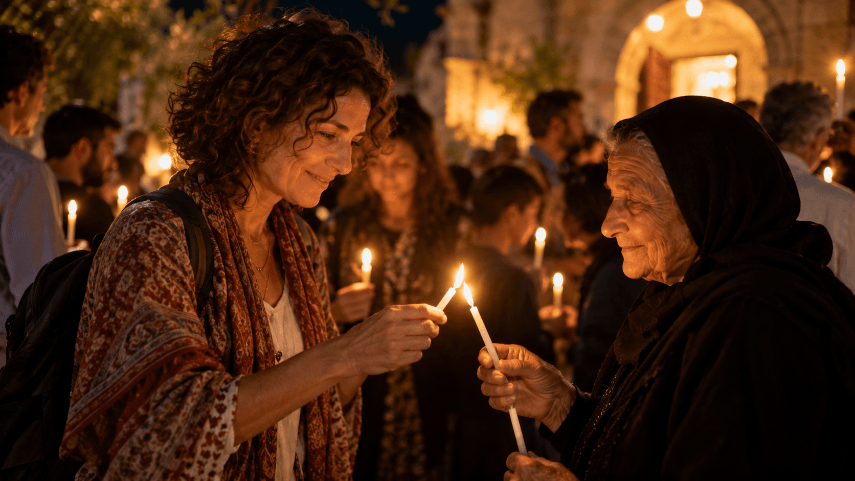 Women holding candles in a Polish cemetery during the evening All Saints' Day celebration.