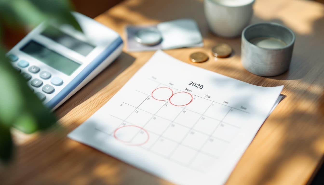 A desk with a calculator, coins, and a calendar with circled dates, symbolizing tax residency tracking.