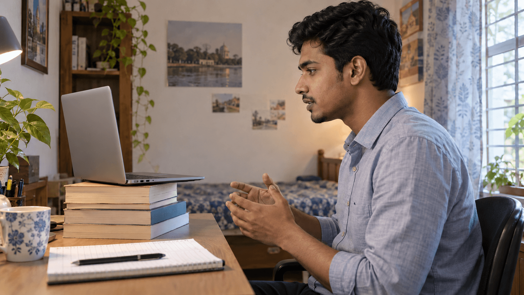 Man gesturing during an online language lesson on a laptop in a home office with books and plants.