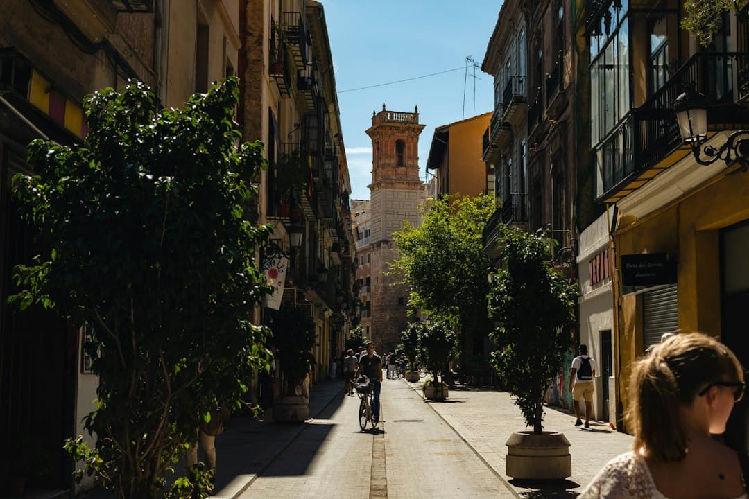 Une rue étroite et ensoleillée dans le centre historique de Valence, en Espagne, avec des piétons et un cycliste.
