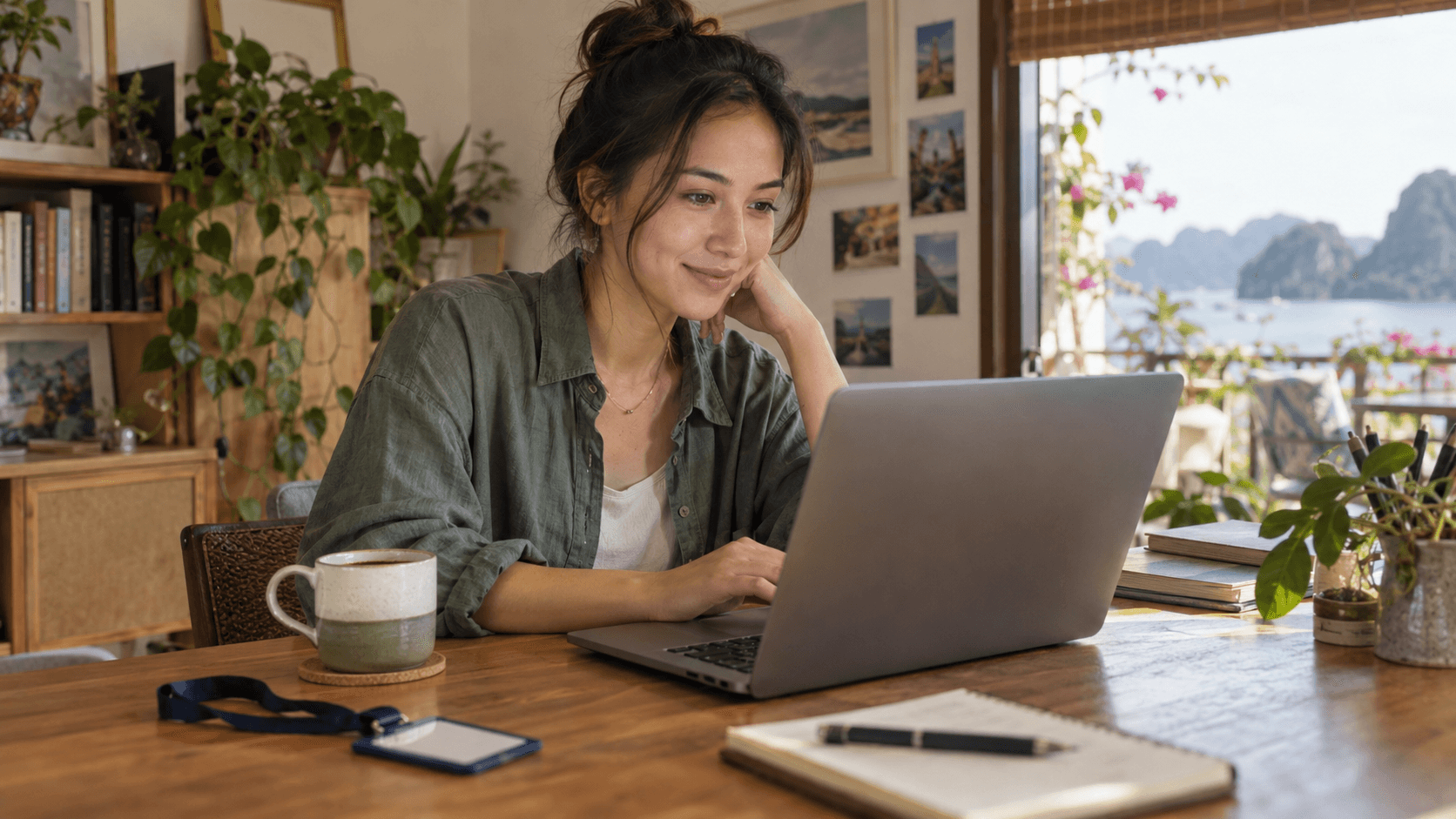 Digital nomad woman working on a laptop at her desk with a notebook and coffee, with a picturesque coastal view visible through the window.