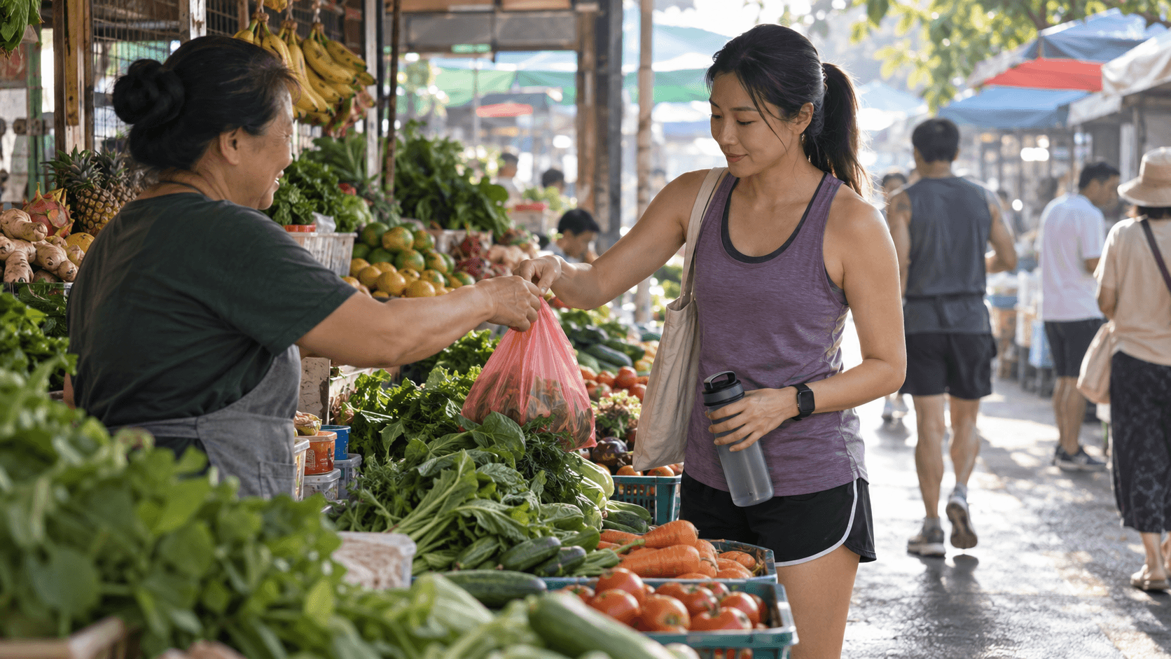 Customer buying fresh vegetables and herbs from a market stall from a vendor.