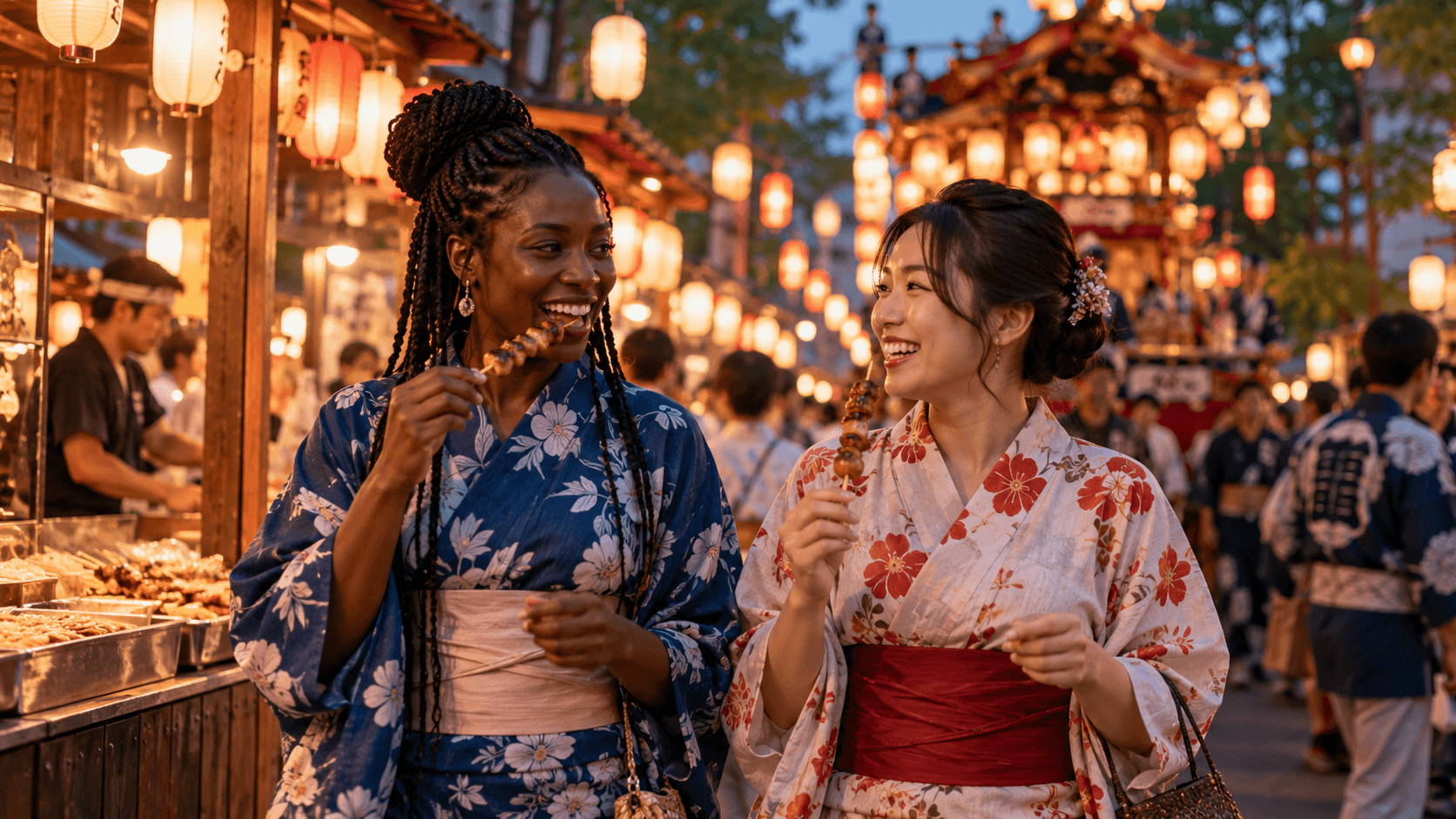 Women in yukata at an Obon festival with illuminated lanterns and traditional Japanese temple decor at dusk.