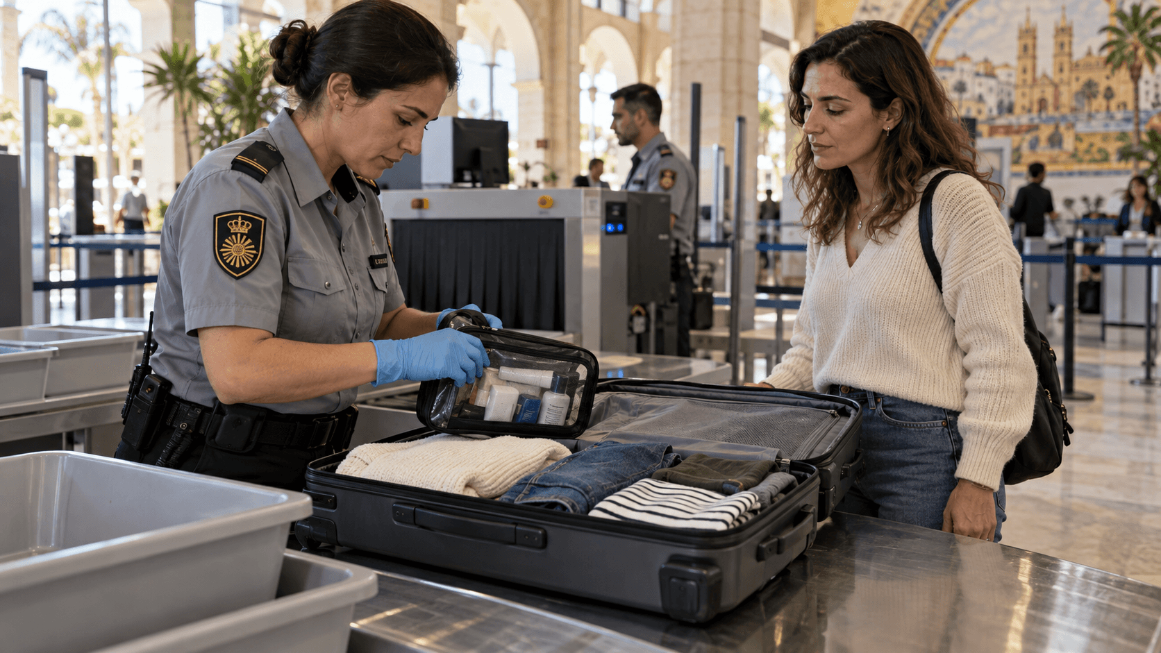 Customs officer inspecting a traveler's luggage at an airport checkpoint.