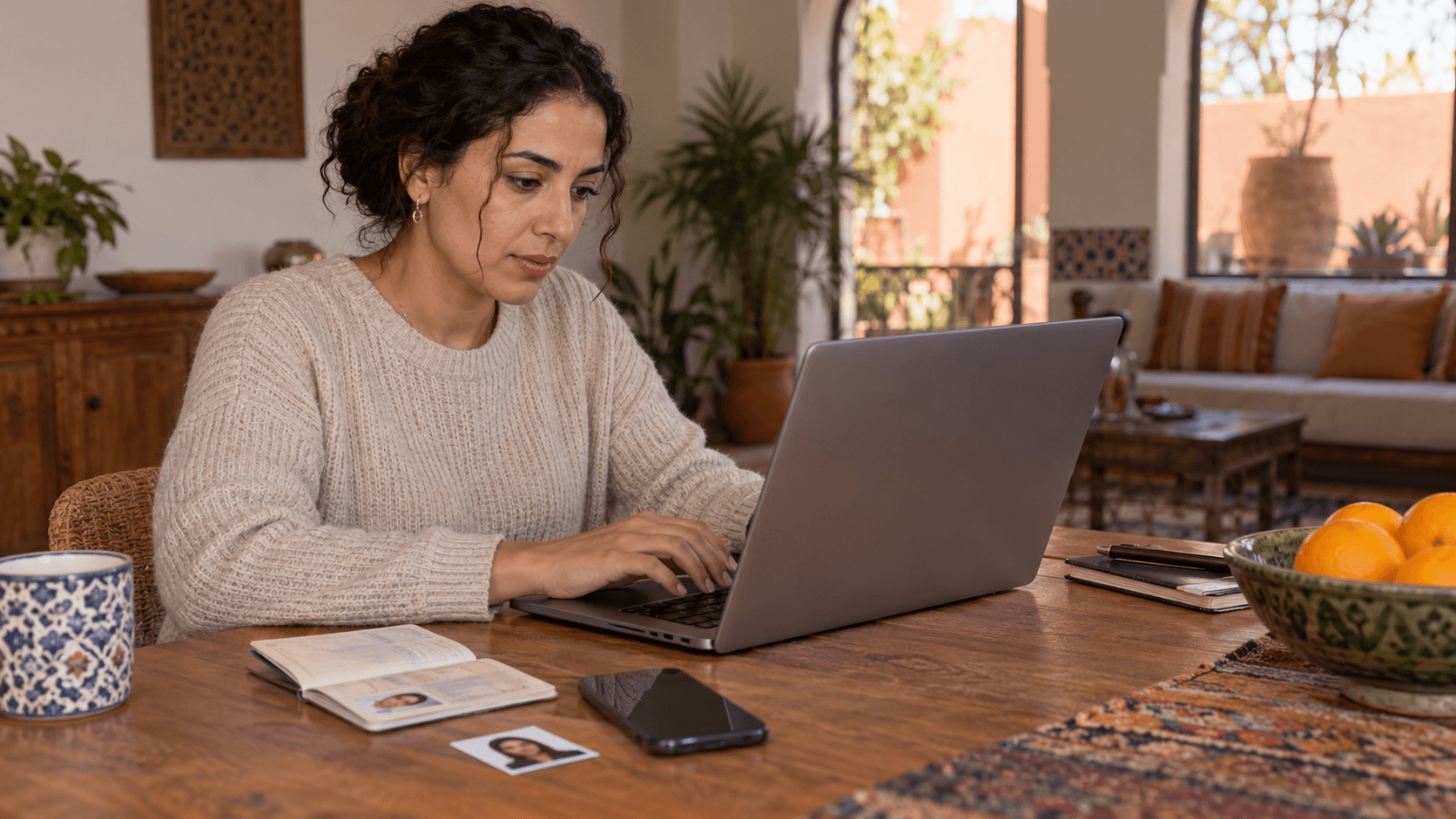 Woman working remotely on a laptop with an open passport showing visa pages on the desk.