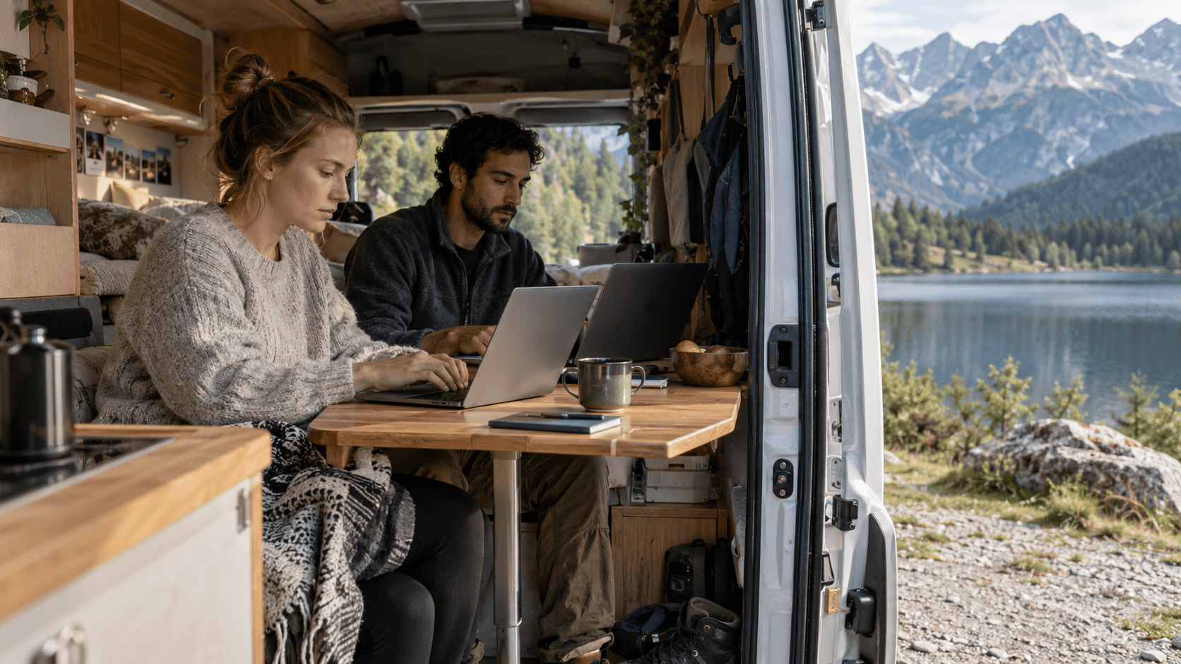 Converted van parked on a mountain road in the Andes with a lake and peaks visible.
