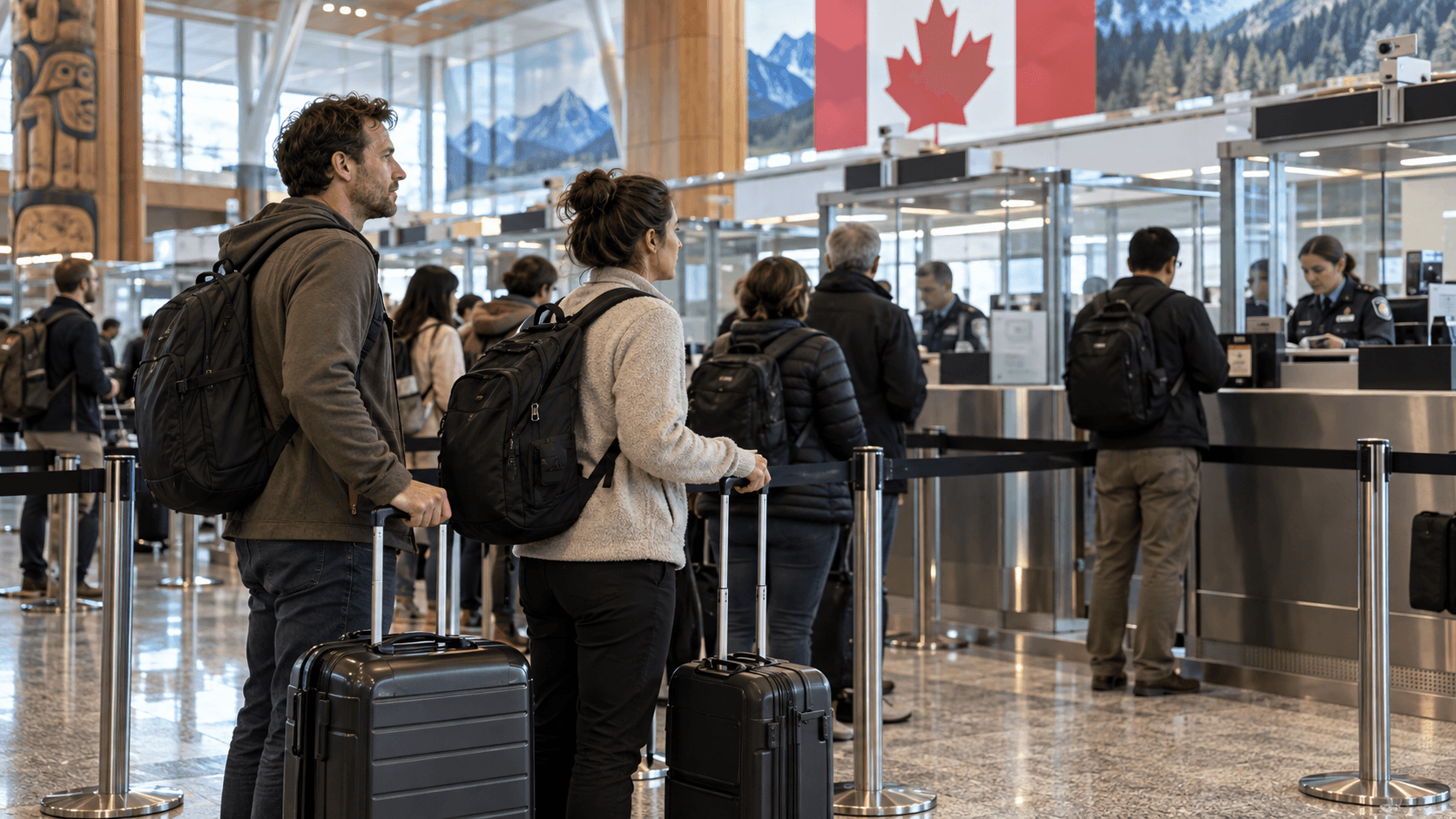 Couple with luggage at the airport check-in counter, ready to travel.