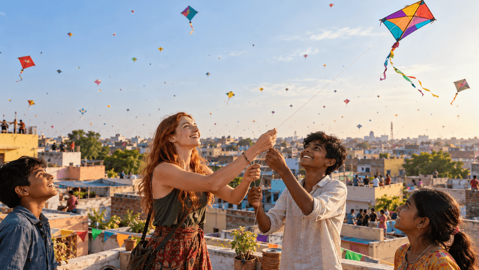 High-altitude urban landscape of La Paz with people flying colorful kites from a rooftop under a clear sky.