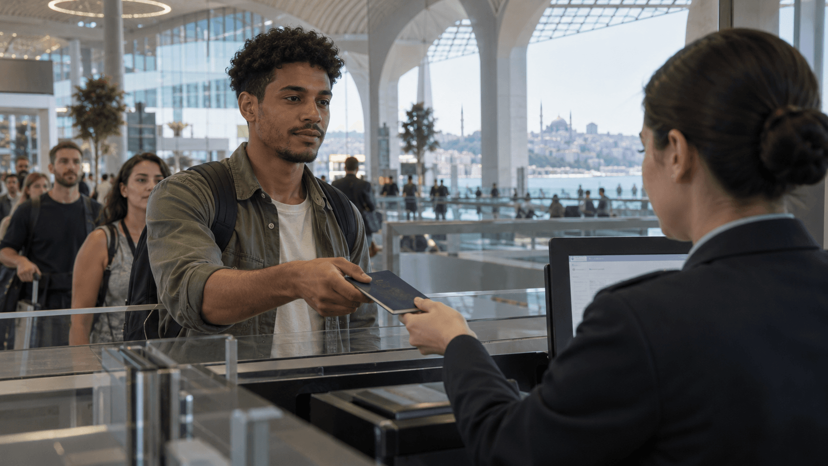 Voyageur remettant son passeport à un agent de contrôle aux frontières à un comptoir d'aéroport.