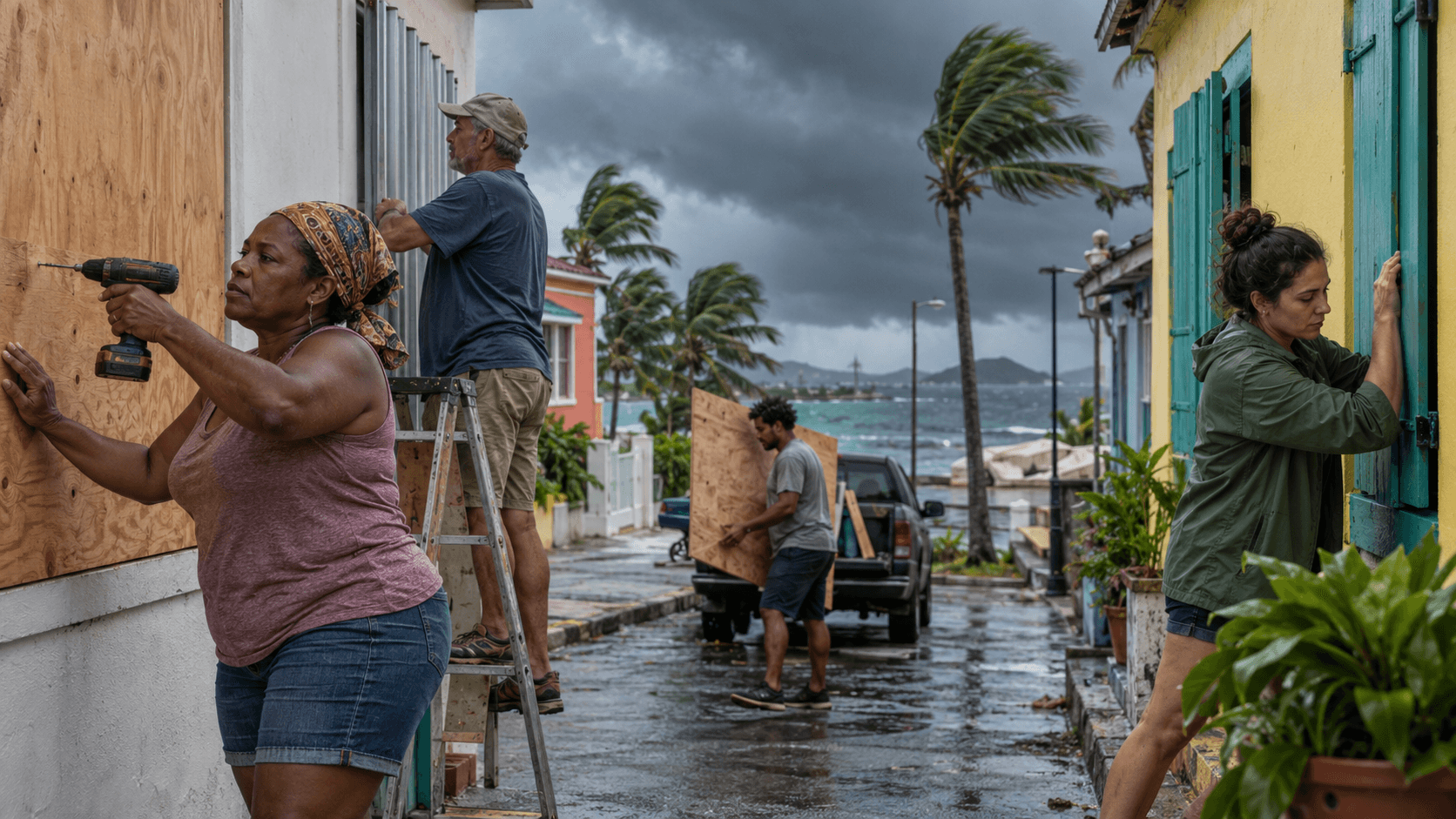 Residents nail boards over the windows of coastal houses as a cyclone approaches under stormy clouds.