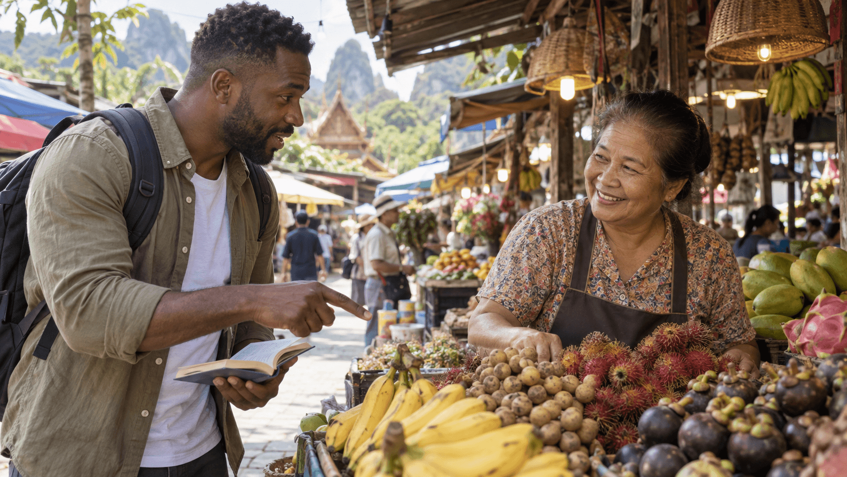 Viaggiatore in conversazione con una venditrice balinese a un banco di frutta in un mercato tradizionale con un tempio visibile.