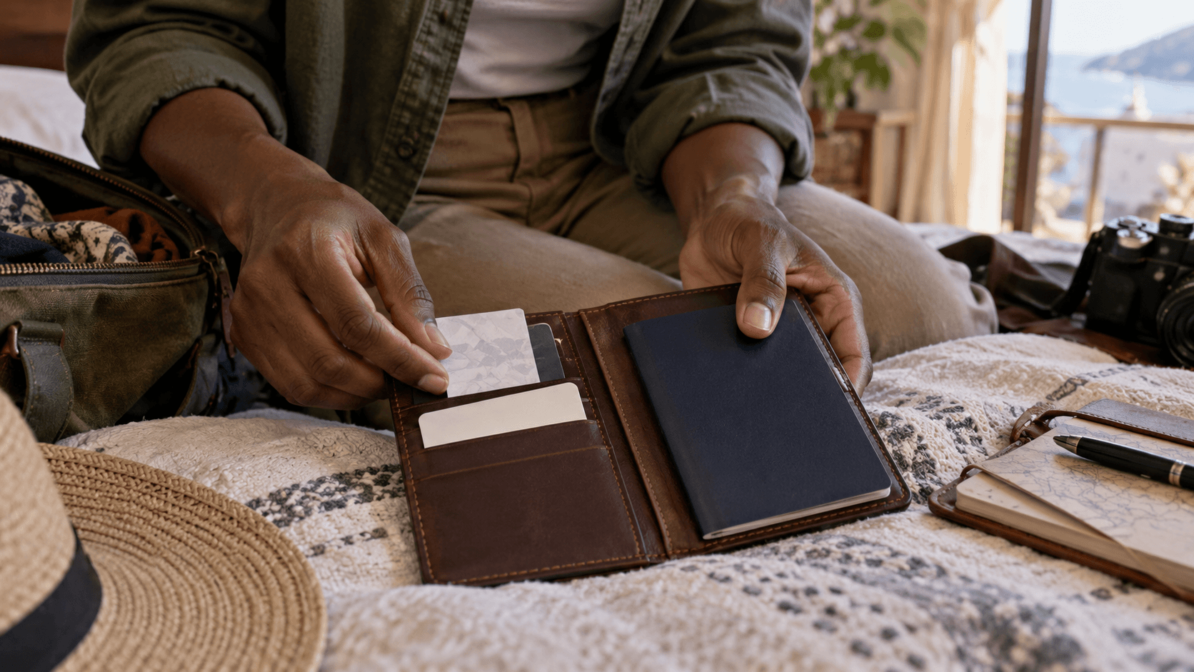 Digitaler Nomade prüft Reisepass und Dokumente in einer Ledermappe auf einem Bett mit Reiseausrüstung.
