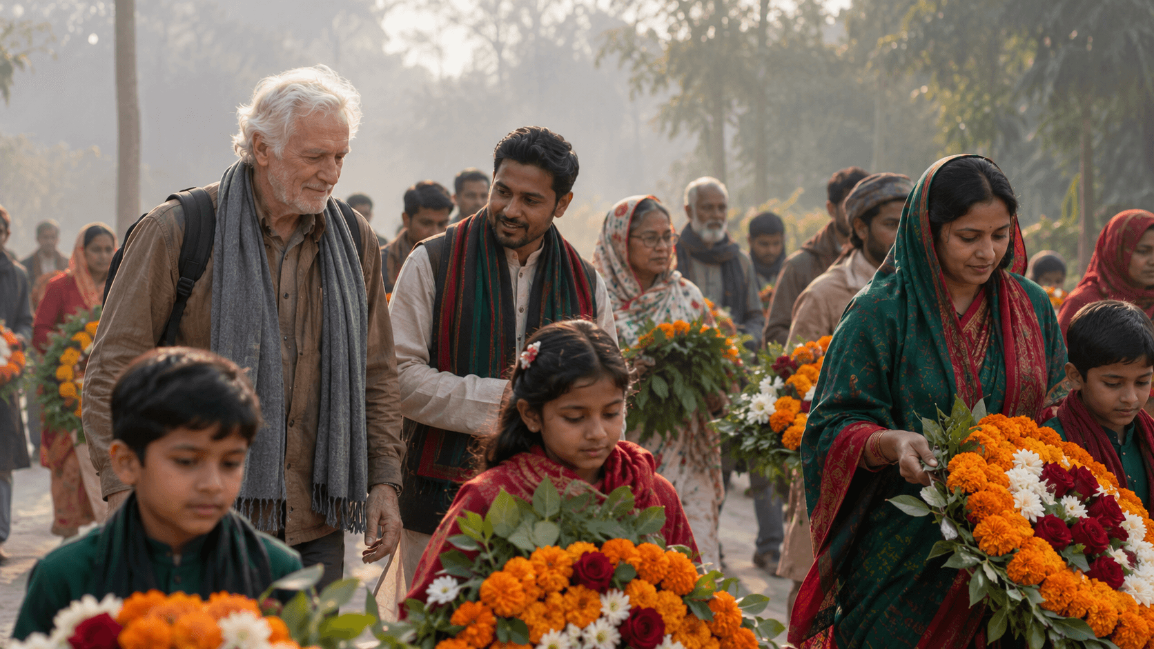 Families carrying marigold garlands and flower wreaths walking through a cemetery during the Day of the Dead celebration.