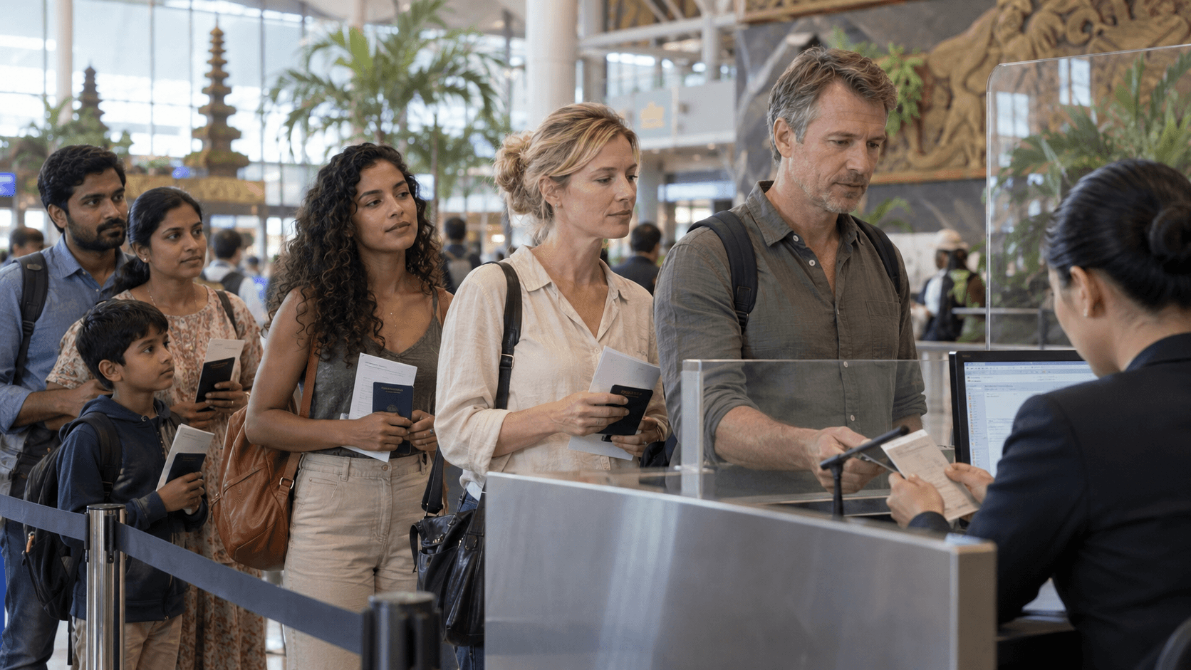 Voyageurs avec documents et passeports faisant la queue au comptoir d'enregistrement aéroport.