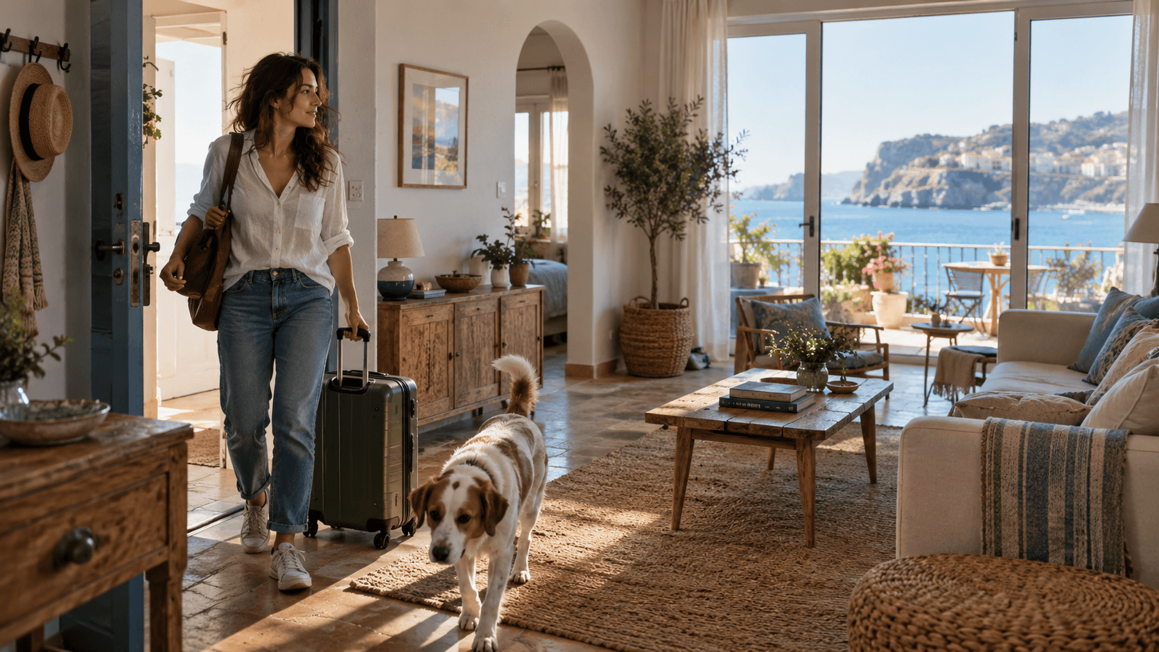 Eine Frau kommt mit ihrem Hund in einer sonnigen mediterranen Wohnung an, mit Blick auf eine Küstenstadt.