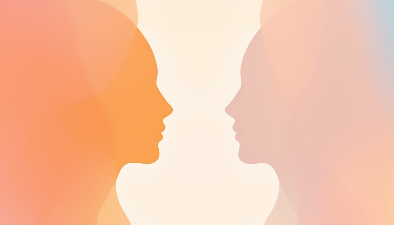 Two side-profile silhouettes facing each other, each with an aura of a different color symbolizing two languages.