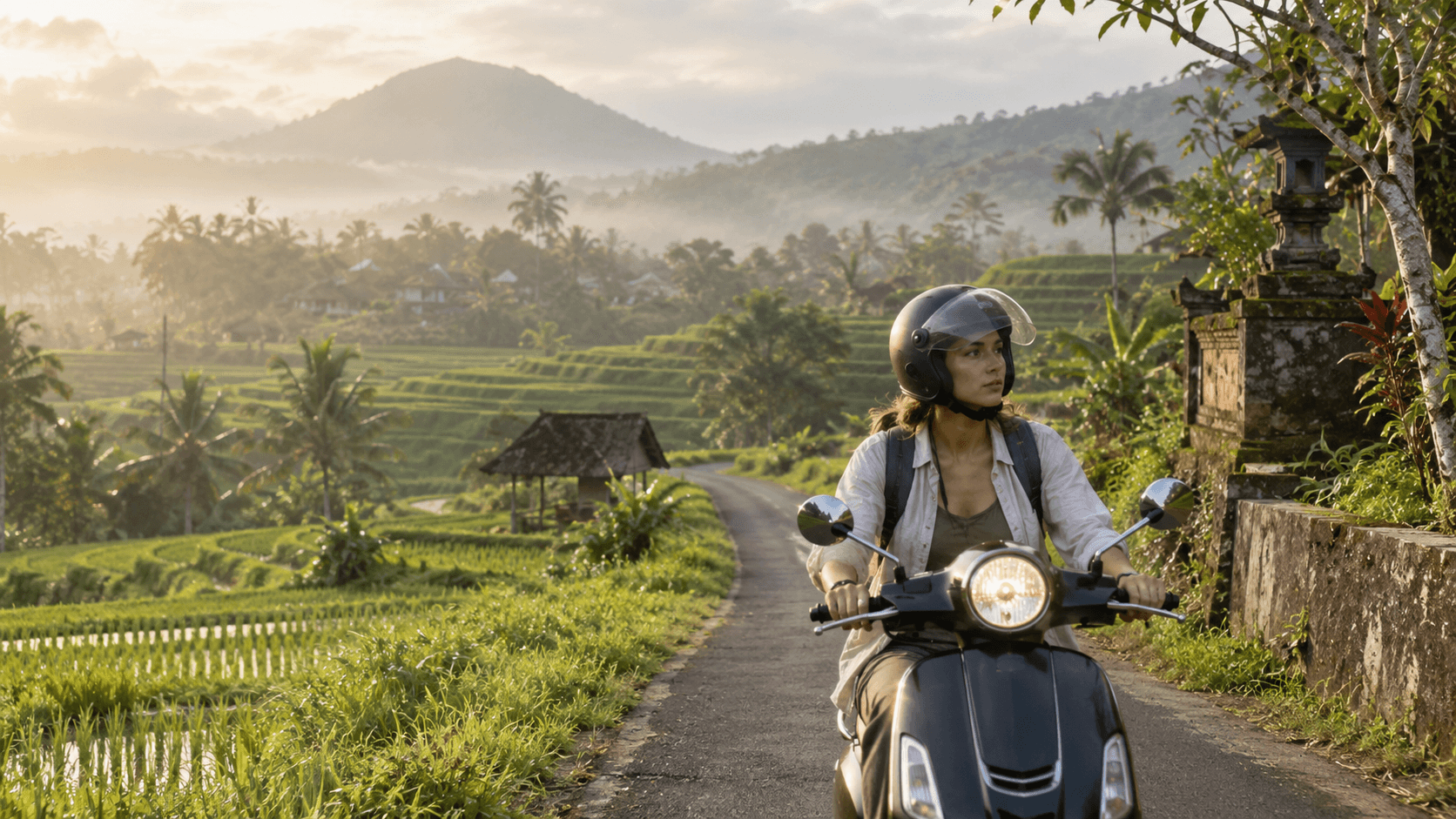 Mujer en una moto circulando por el paisaje verde de Bali con volcán y arrozales.