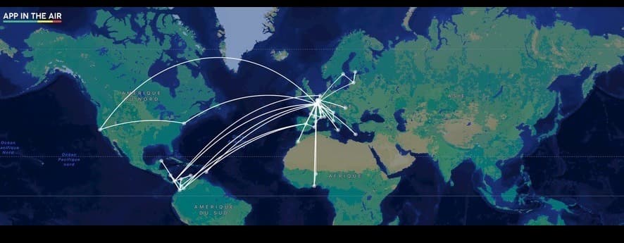Carte App in the Air des vols professionnels de Cédric Tumminello entre l’Europe, l’Afrique et les Amériques.